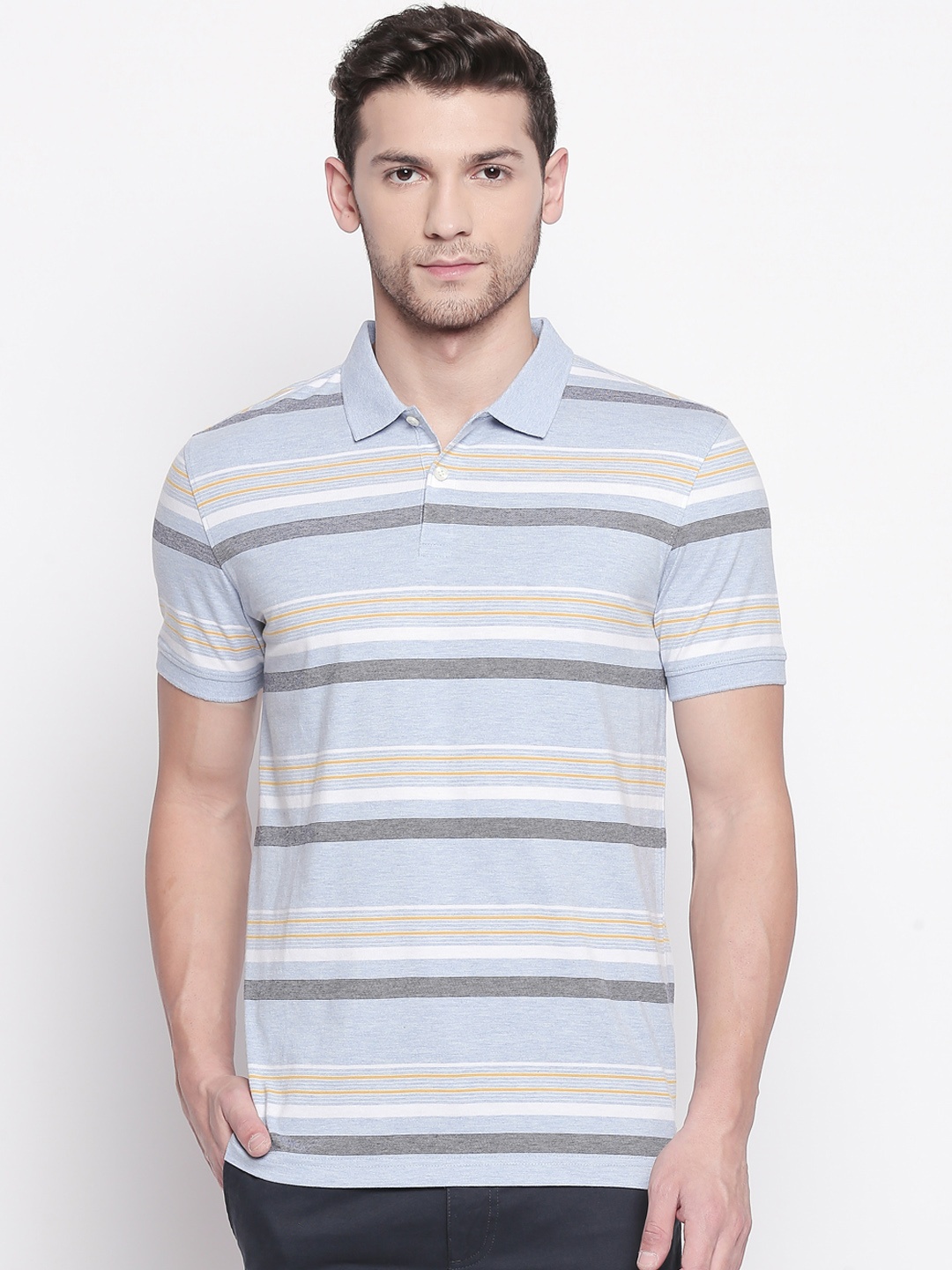 BYFORD by Pantaloons Men Blue & White Striped Polo Collar T-shirt