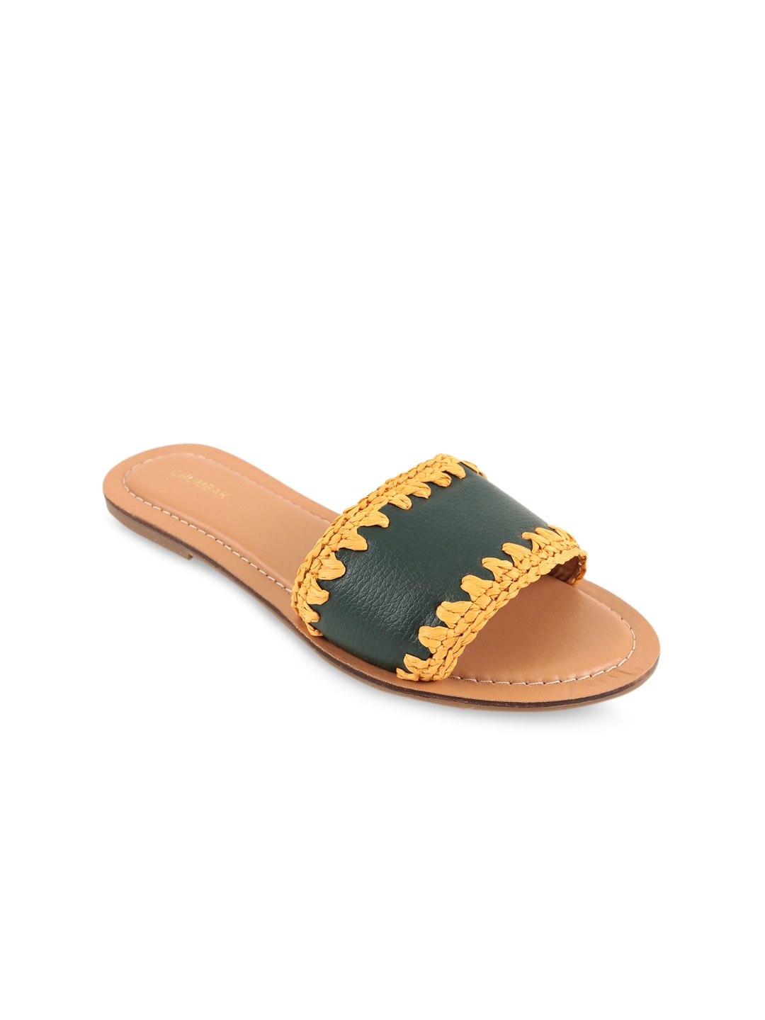 Chumbak Women Olive Green & Mustard Yellow Colourblocked Open Toe Flats