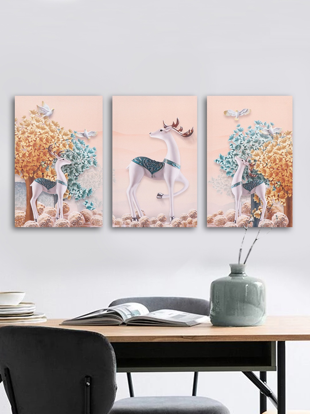 TIED RIBBONS Set of 3 Pink & Blue Printed Canvas Framed Wall Arts