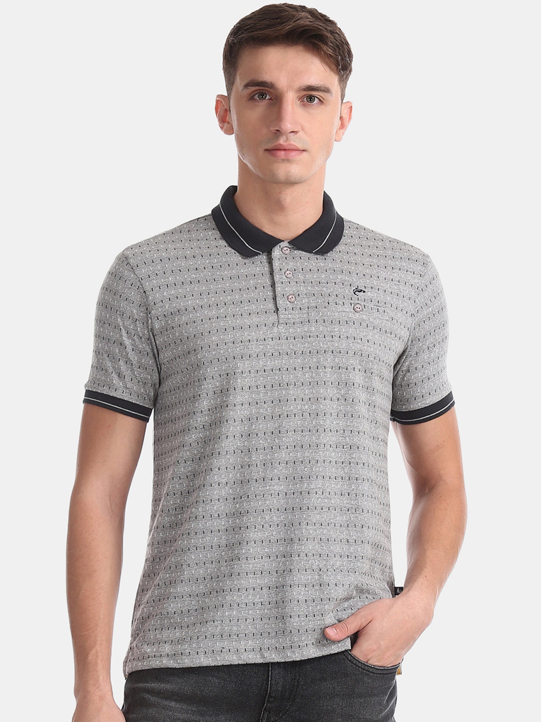 Ruggers Men Grey Printed Polo Collar T-shirt