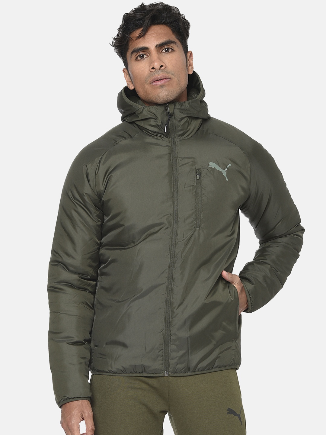 Puma Men Olive Green Solid Puffer Jacket