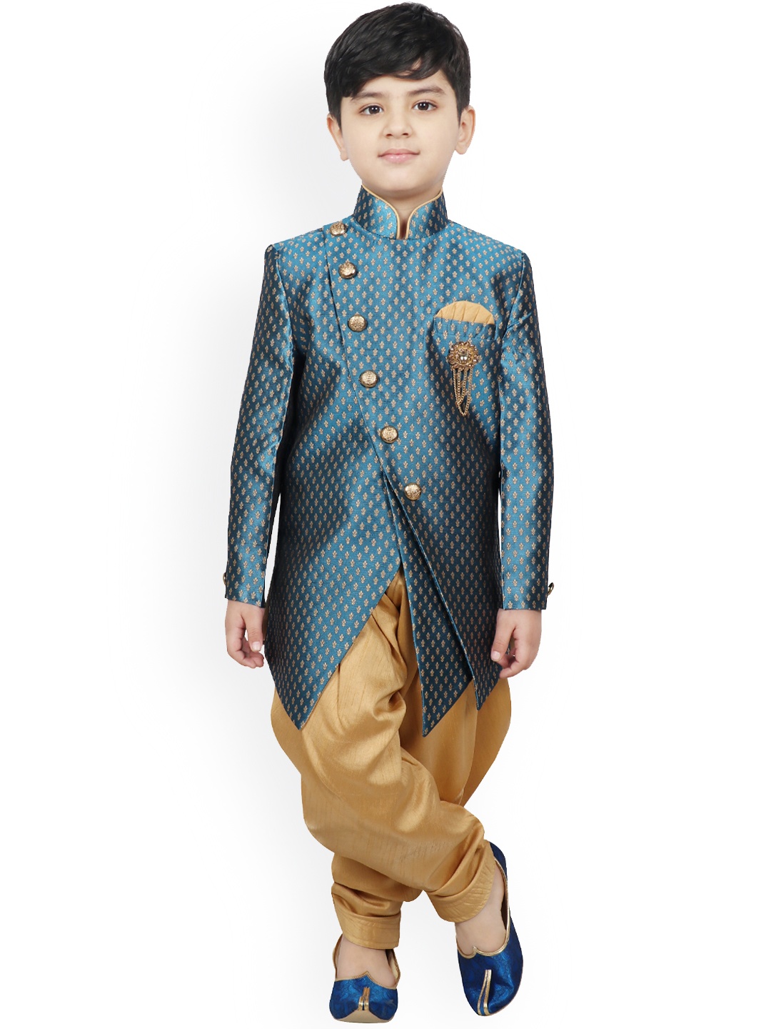 SG YUVRAJ Boys Teal Blue & Brown Woven Design Sherwani Set