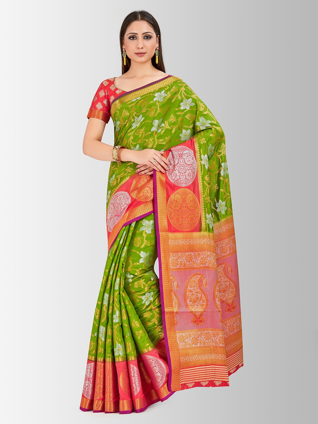 Mitera Green & Peach-Coloured Art Silk Woven Design Kanjeevaram Saree