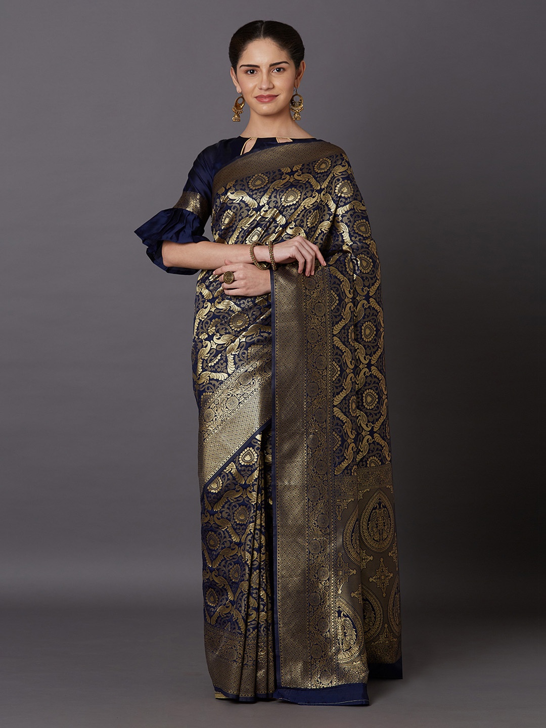 Mitera Navy Blue & Gold-Toned Silk Blend Woven Design Kanjeevaram Saree