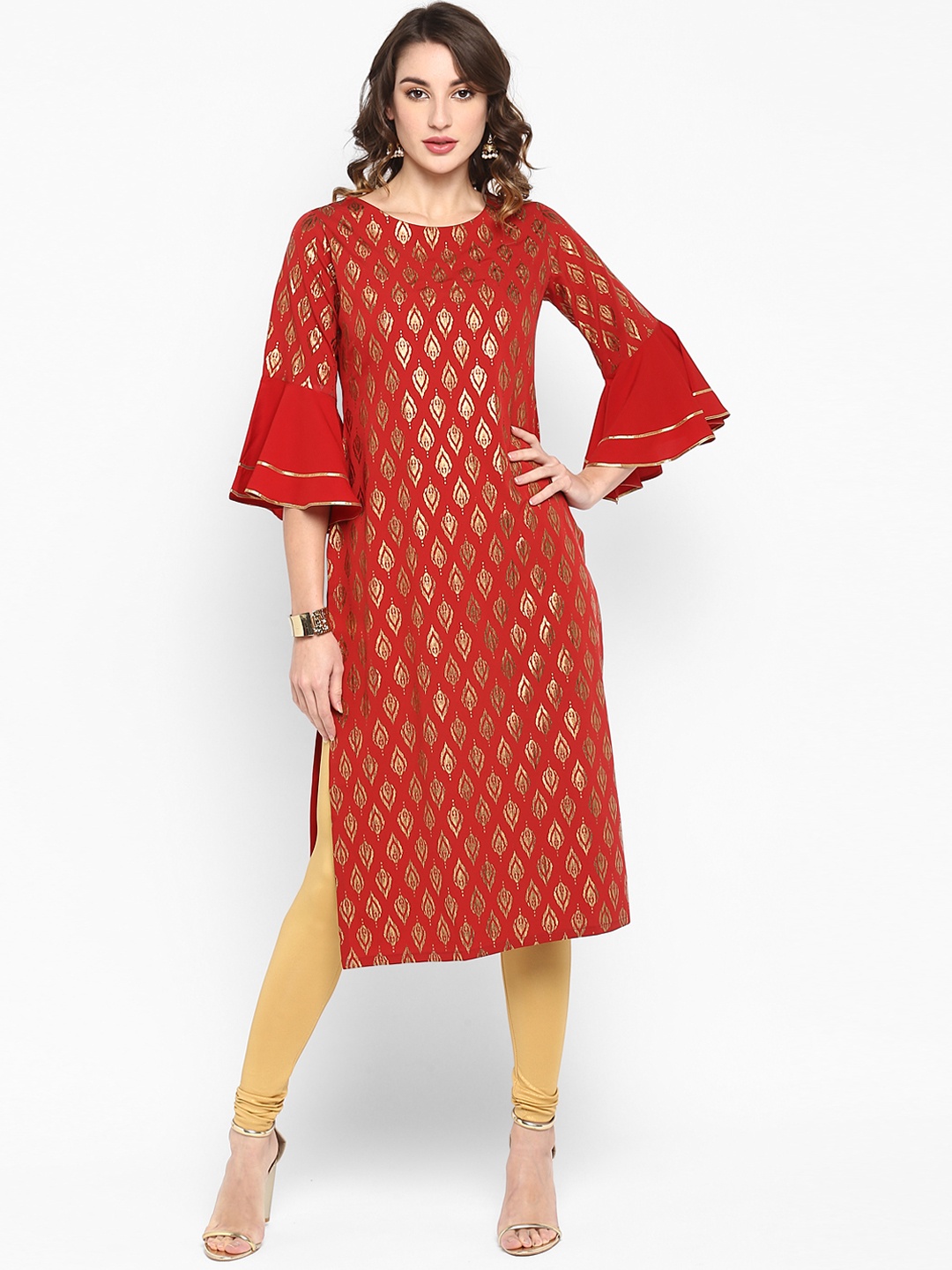 Janasya Women Red & Golden Printed Straight Kurta