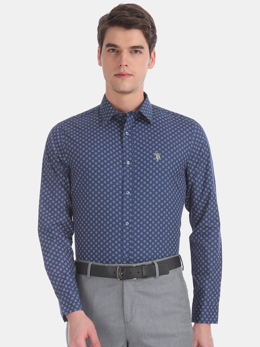 U.S. Polo Assn. Men Blue Regular Fit Printed Formal Shirt
