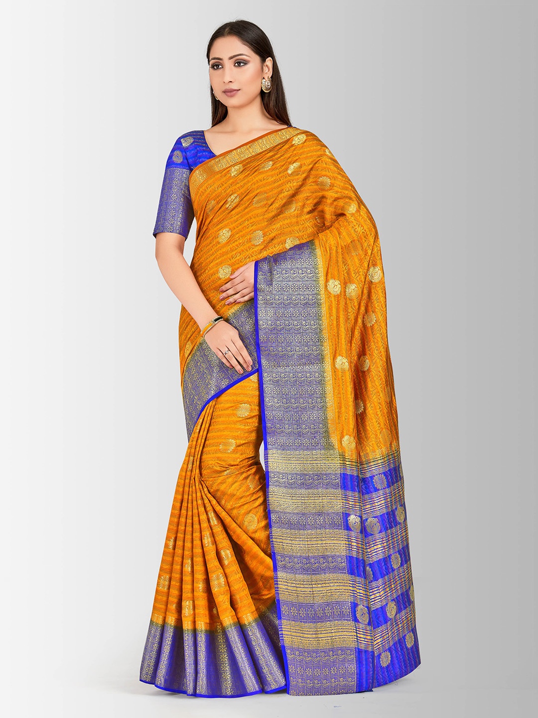 Mitera Mustard Yellow & Blue Art Silk Embellished Kanjeevaram Saree
