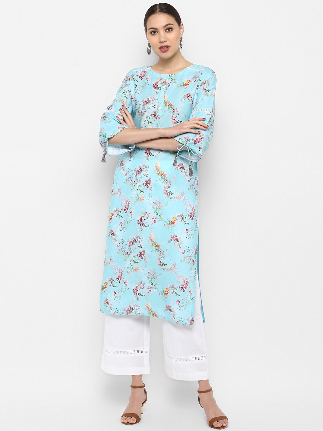 Janasya Women Blue & Pink Floral Printed Straight Kurta