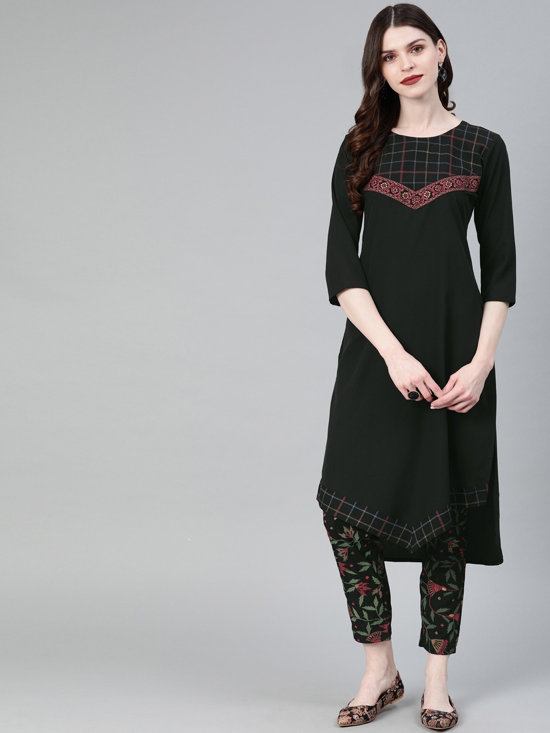 ZIYAA Women Black & Maroon Yoke Design Straight Kurta