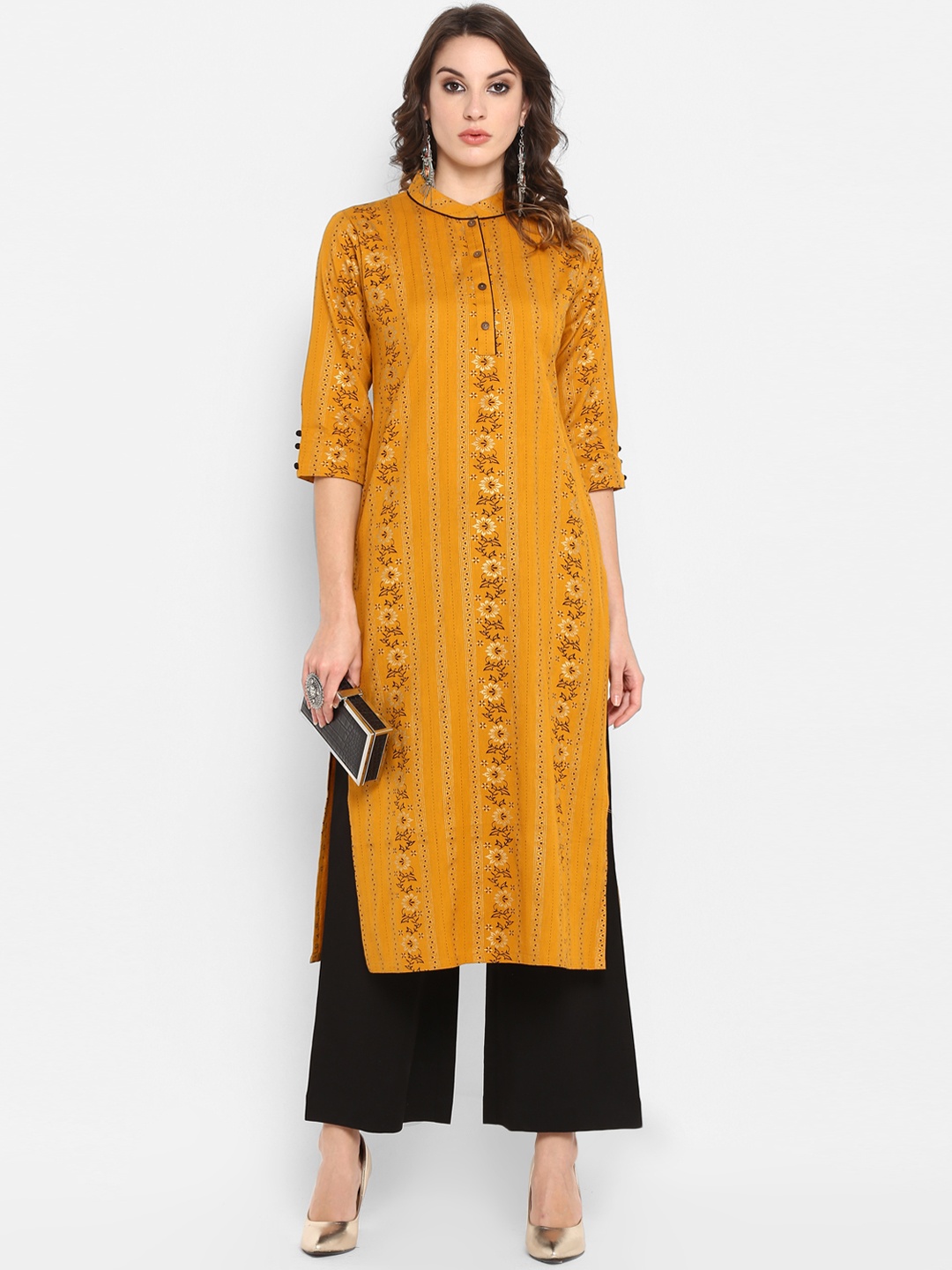 Janasya Women Mustard Yellow & Black Printed Kurta with Palazzos