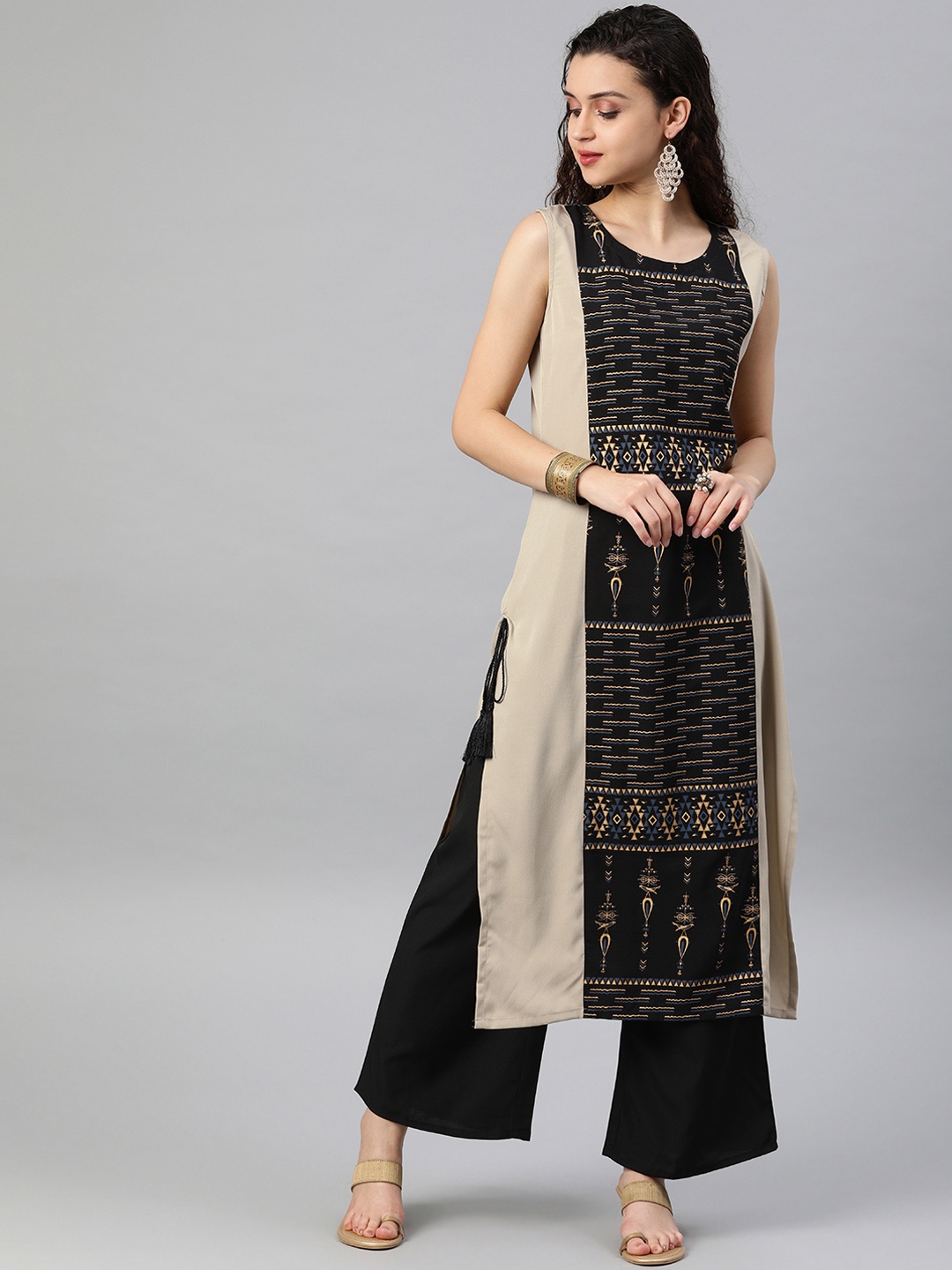 ZIYAA Women Black & Beige Printed Straight Kurta