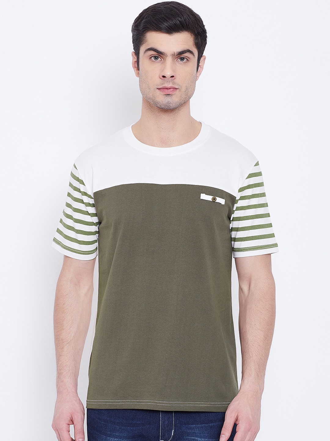 The Dry State Men Olive Green Striped Round Neck T-shirt