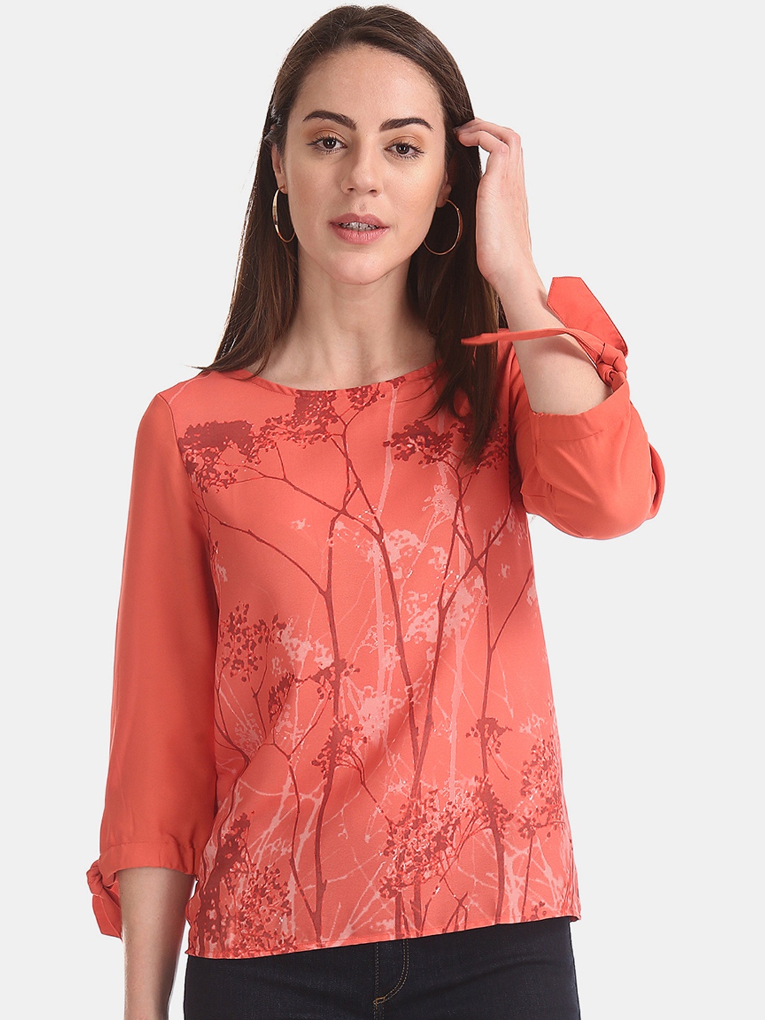 Cherokee Women Coral Orange Floral Print Top