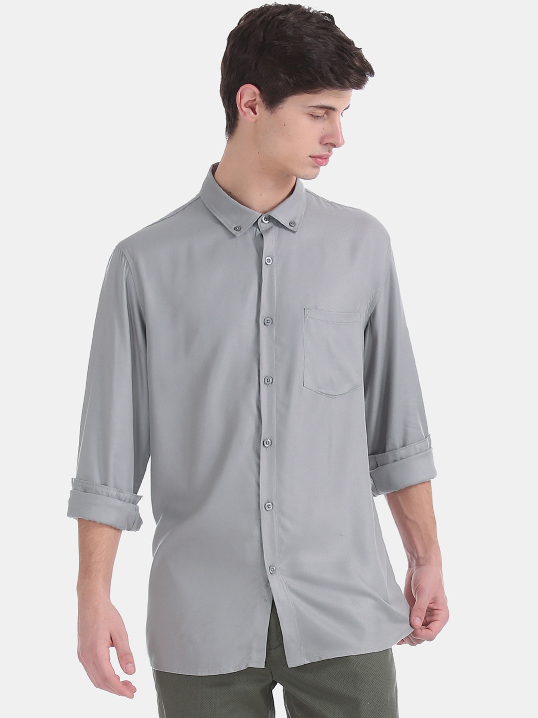 Ruggers Men Grey Regular Fit Solid Casual Shirt