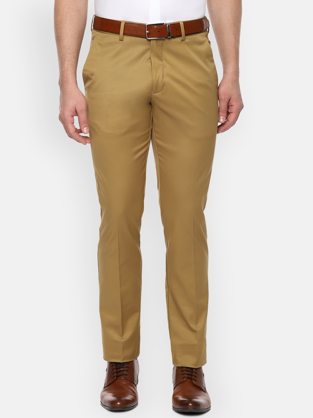 Louis Philippe Men Khaki Slim Fit Solid Formal Trousers