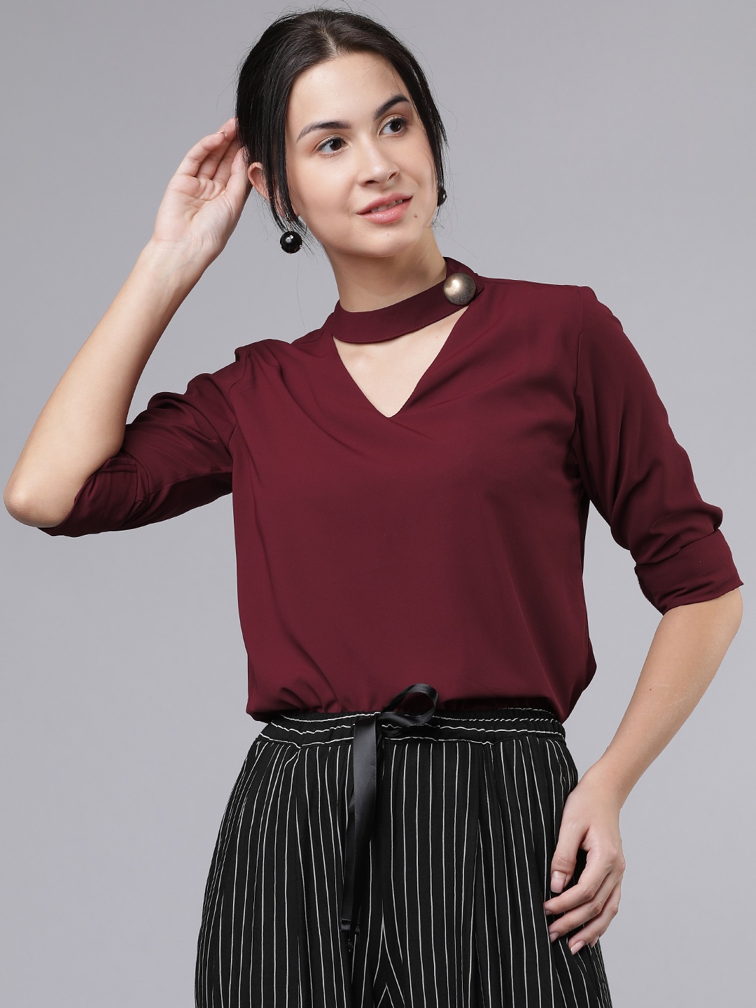 Tokyo Talkies Women Maroon Solid Choker Neck Top