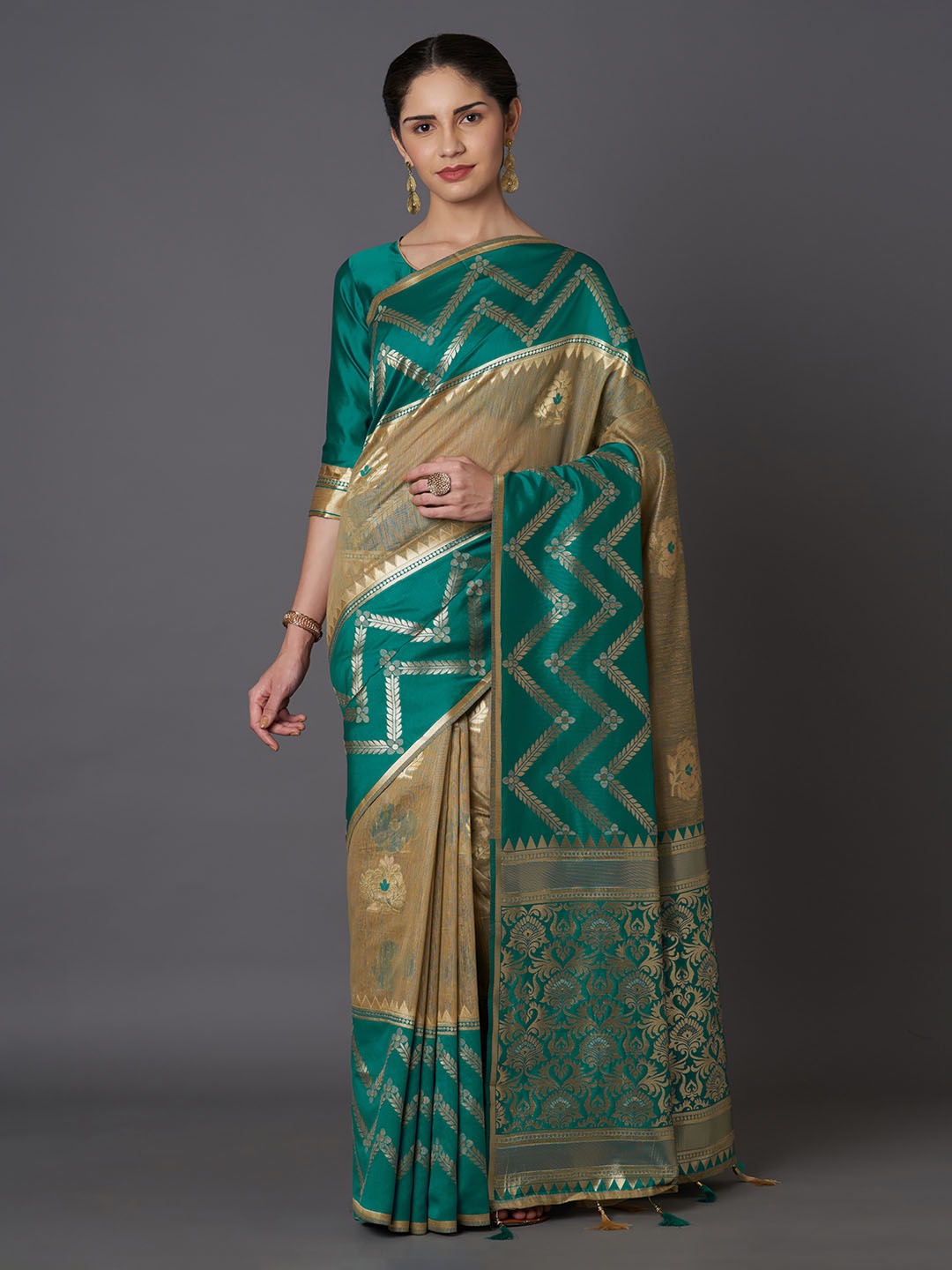 Mitera Green Silk Blend Woven Design Kanjeevaram Saree