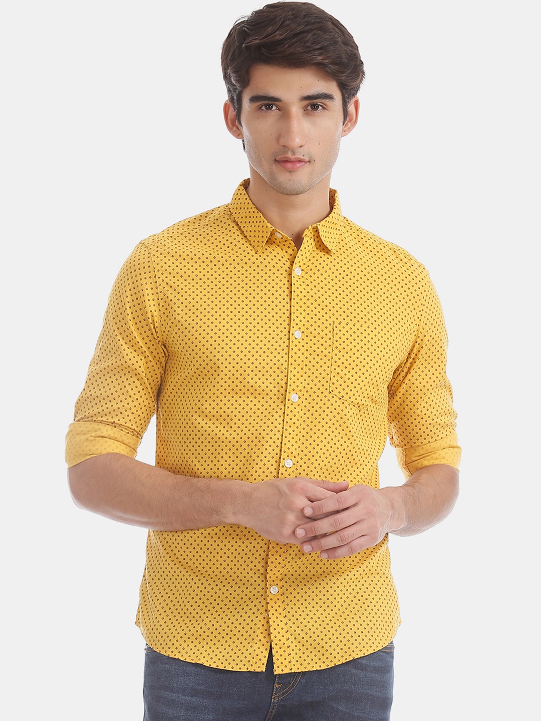Flying Machine Men Yellow Regular Fit Printed Casual Shirt