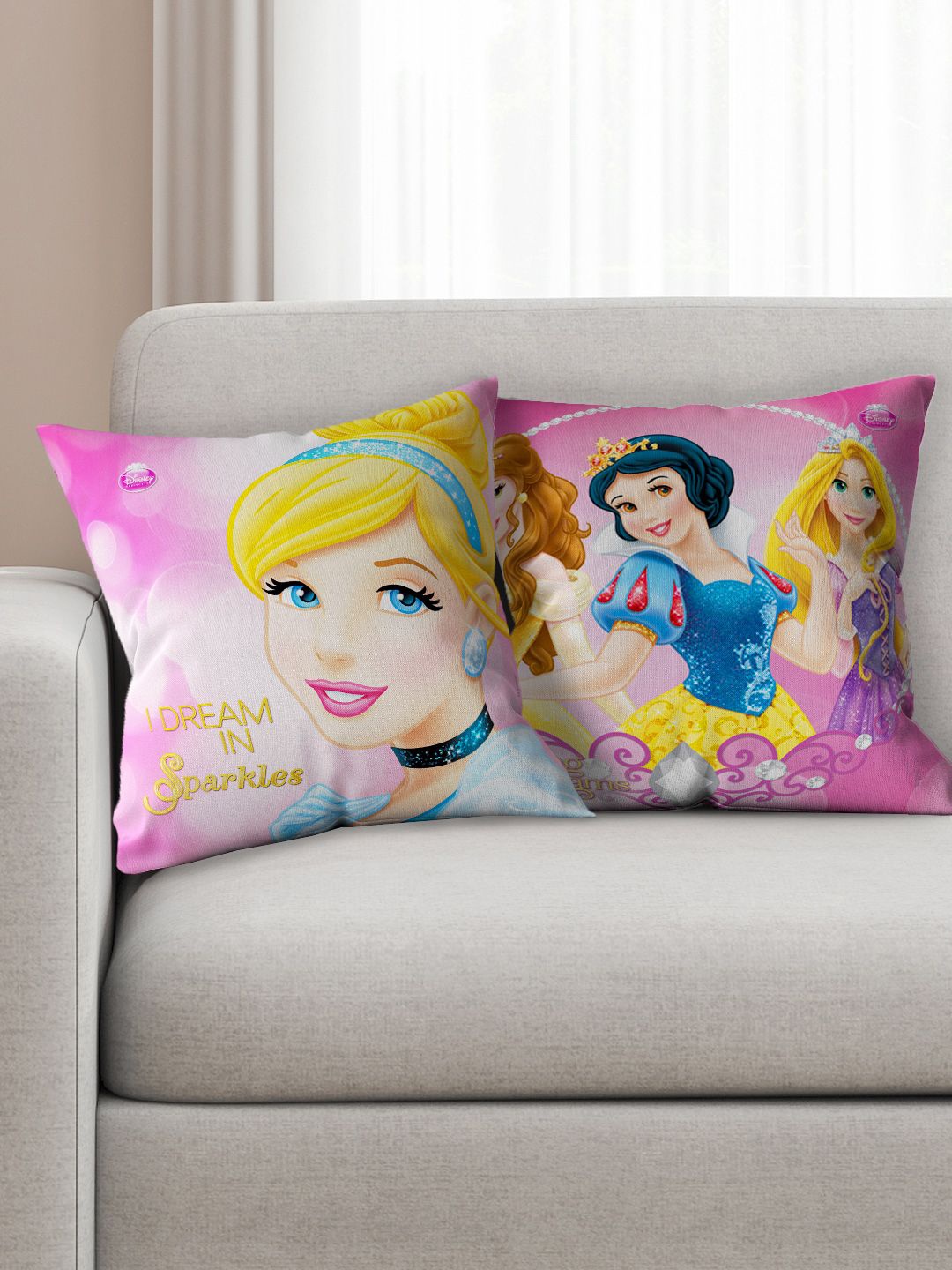 Disney Kids Set of 2 Princess Print Square Cushion Covers, Pink