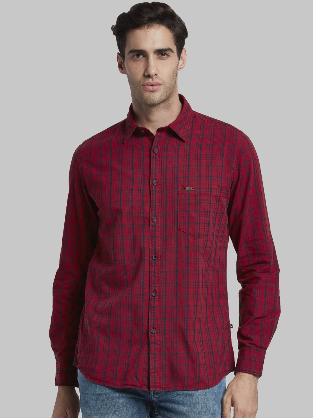 Parx Men Red & Navy Blue Slim Fit Checked Casual Shirt