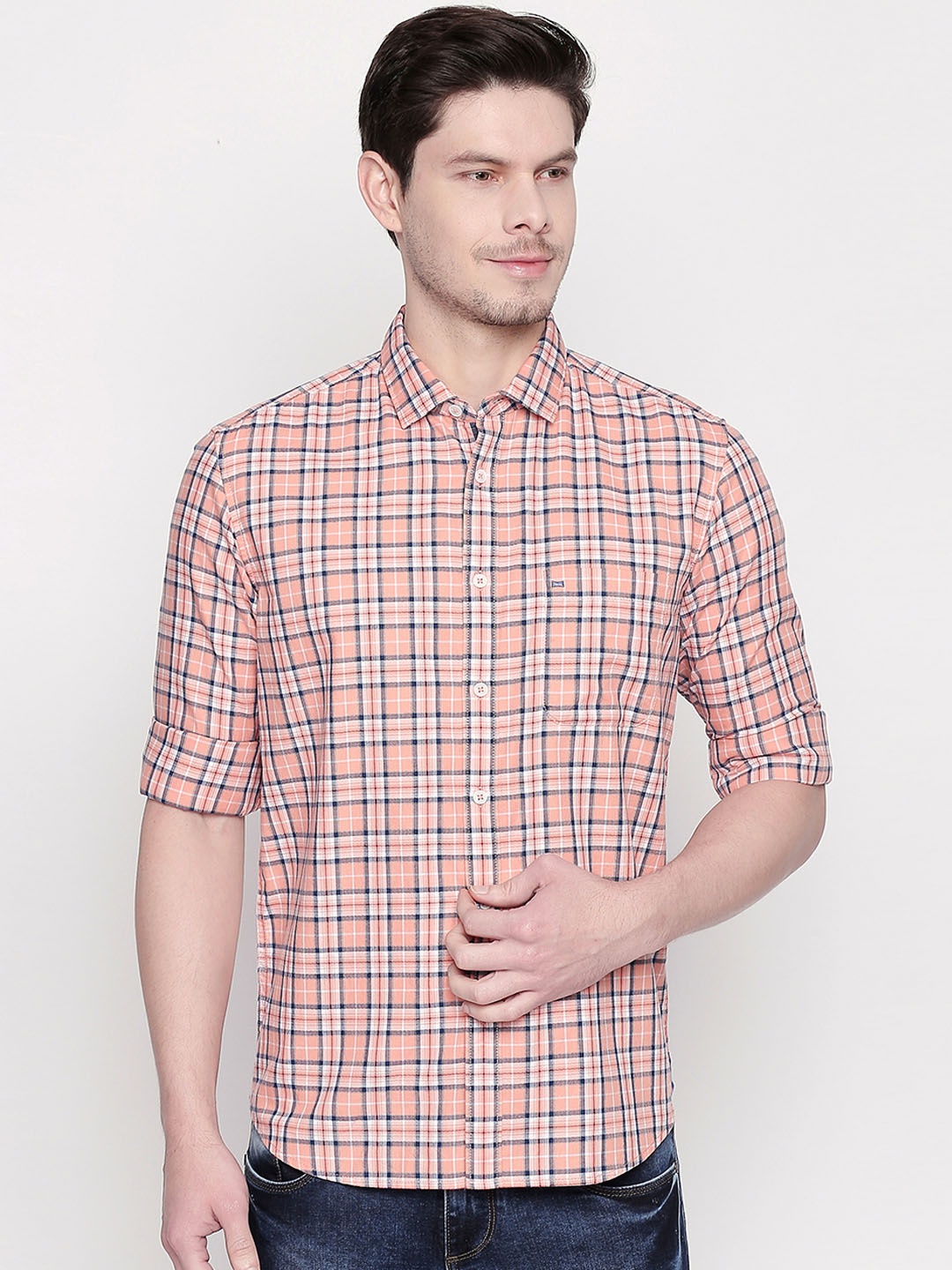 Basics Men Orange Checked Slim Fit Casual Shirt