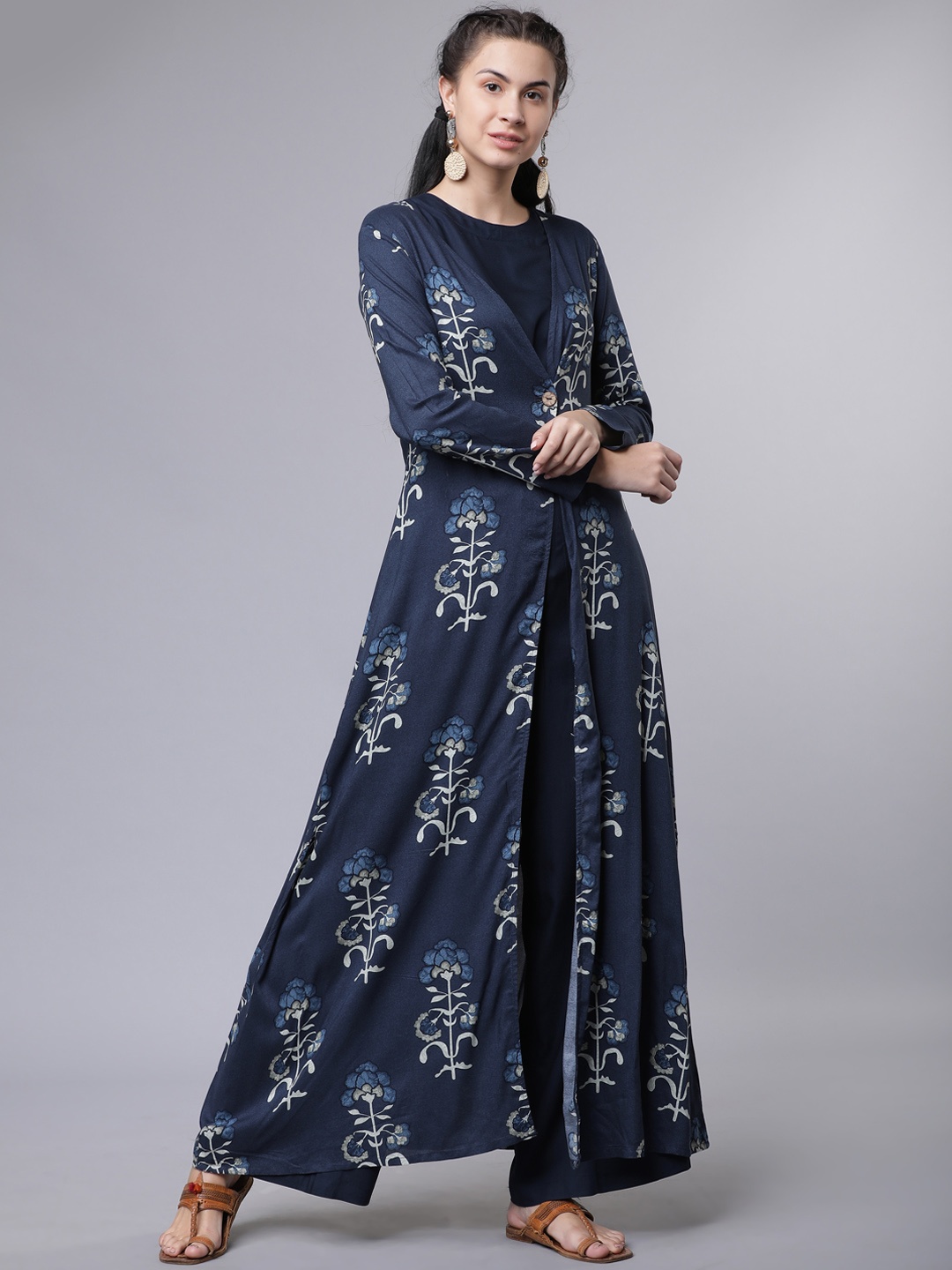Vishudh Women Navy Blue Printed Kurta with Palazzos
