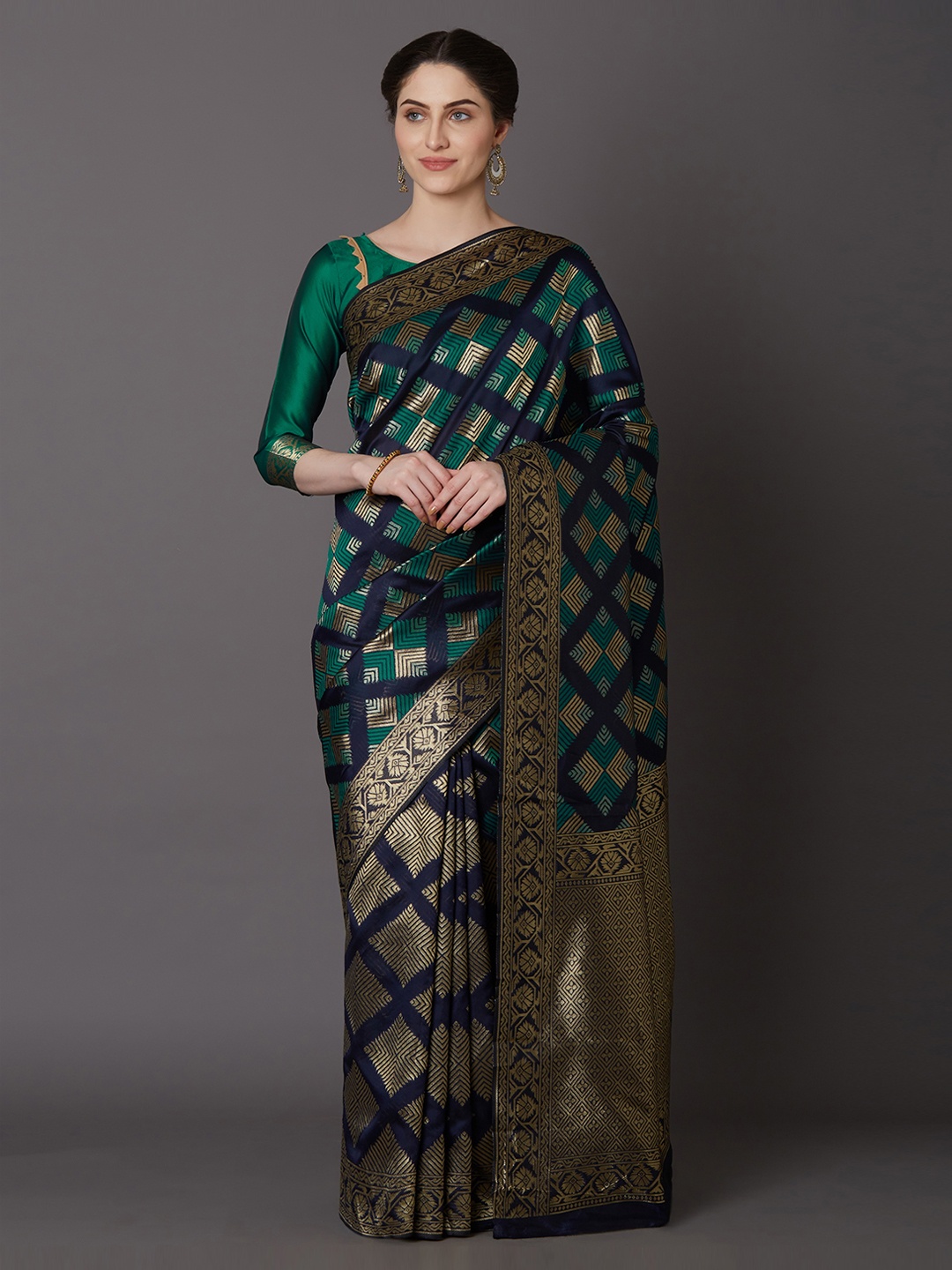 Mitera Green & Navy Blue Silk Blend Printed Kanjeevaram Saree