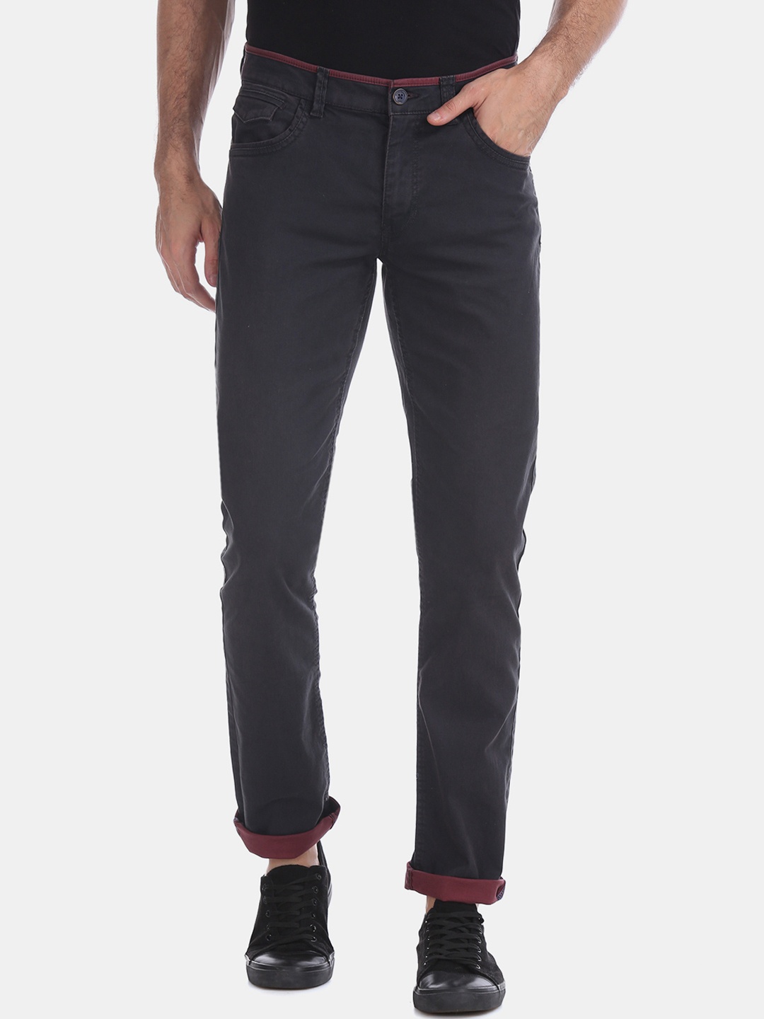 Flying Machine Men Charcoal Slim Fit Solid Regular Trousers