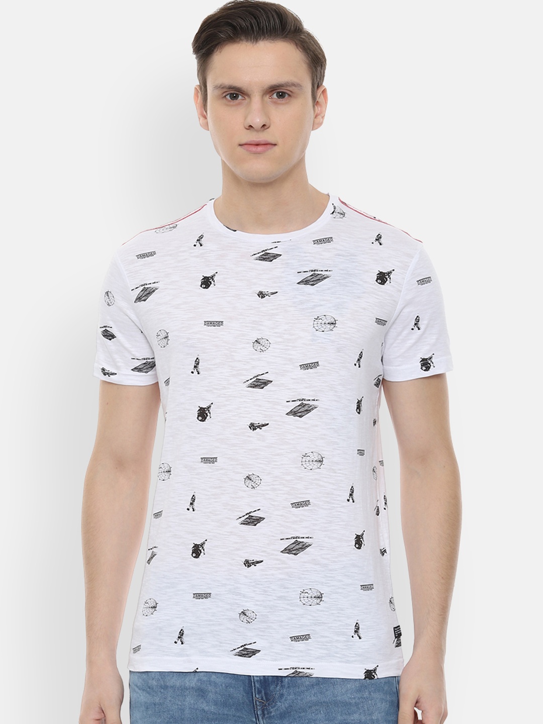 People Men White Black Printed Round Neck Pure Cotton T-shirt