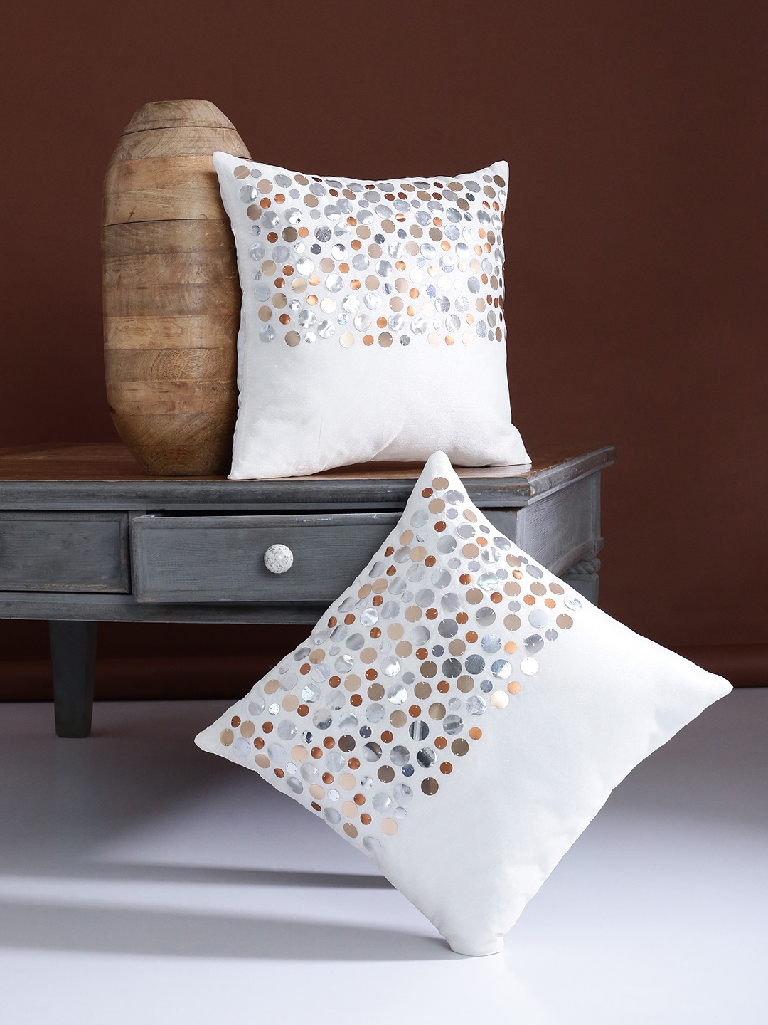 Alina decor Off-White Set of 2 Embellished Square Cushion Covers