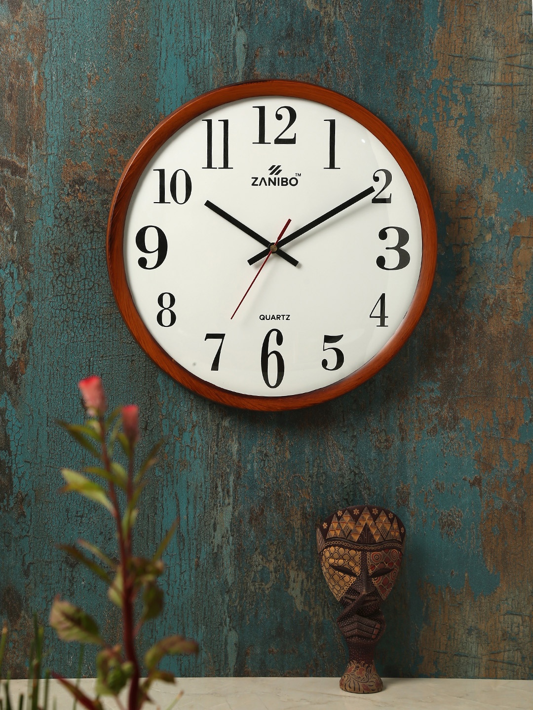 ZANIBO White & Brown Round Solid Analogue Wall Clock