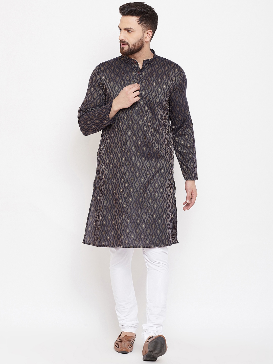 even Men Navy Blue & Gold-Toned Woven Design Straight Kurta