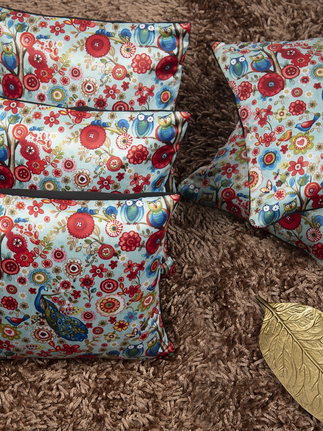 HOUZZCODE Sea Green & Red Set of 5 Floral Square Cushion Covers