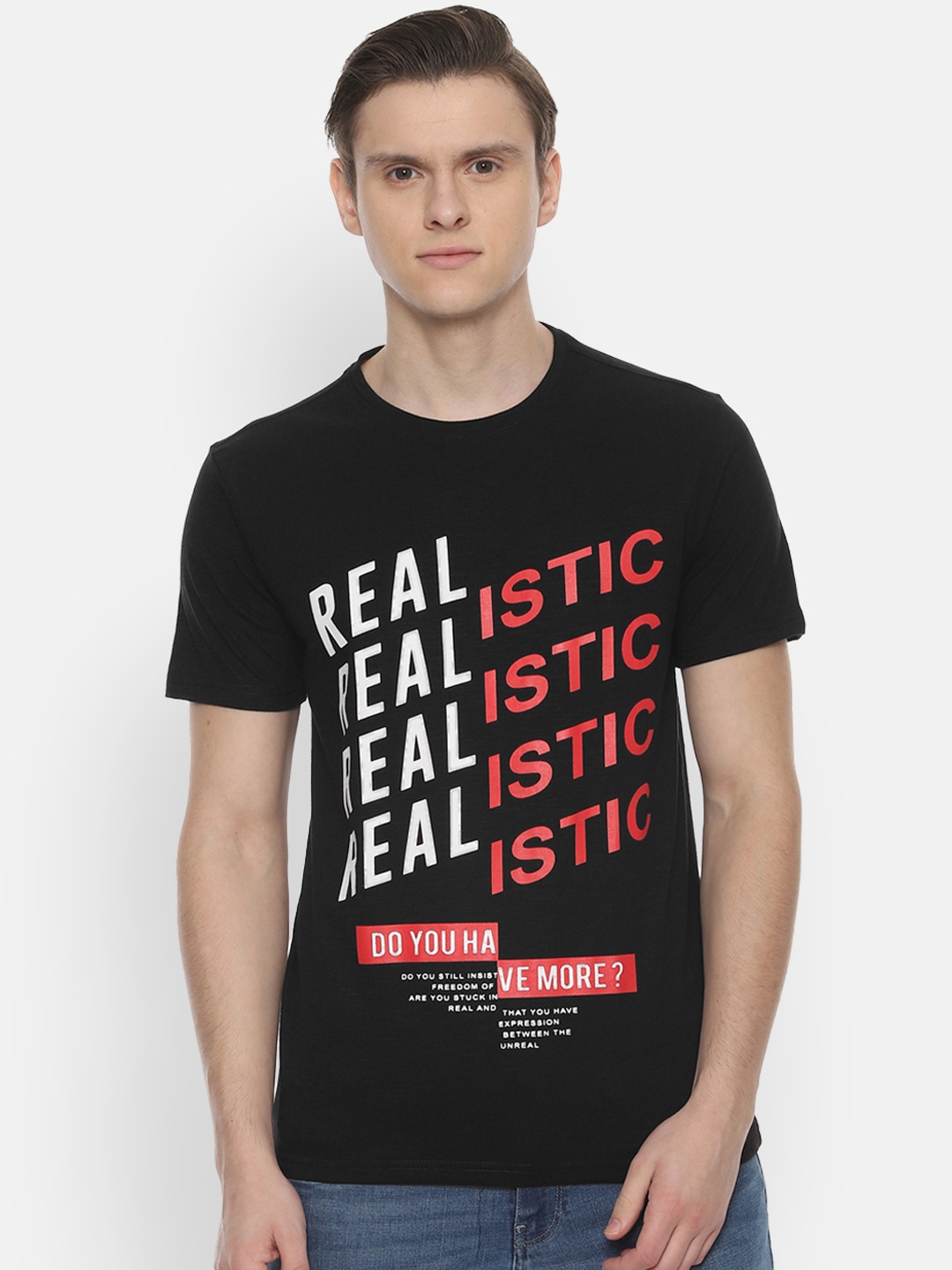 People Men Black & Red Printed Round Neck T-shirt