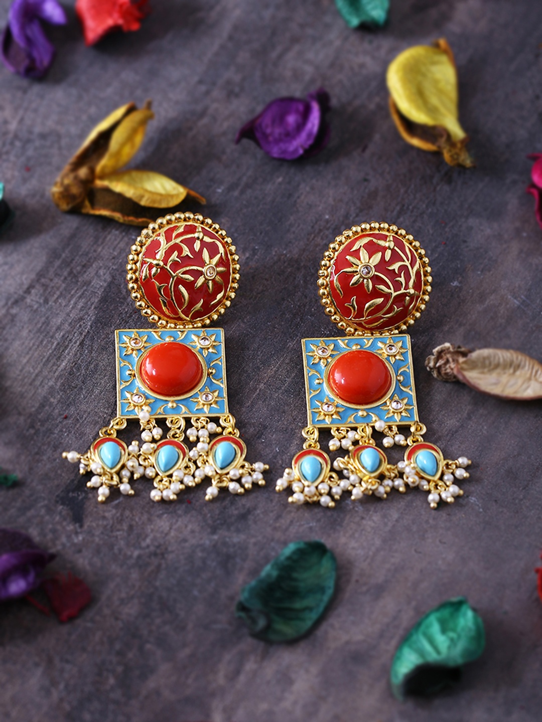 Voylla Gold-Plated & Red Enamelled Geometric Drop Earrings