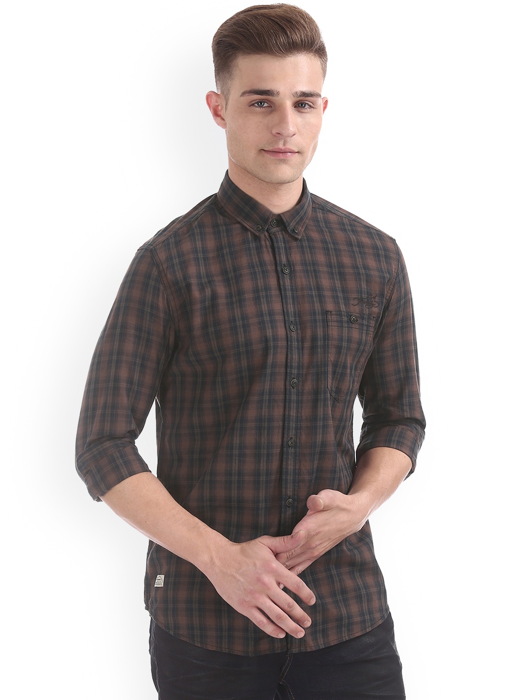 Ed Hardy Men Brown Slim Fit Checked Casual Shirt