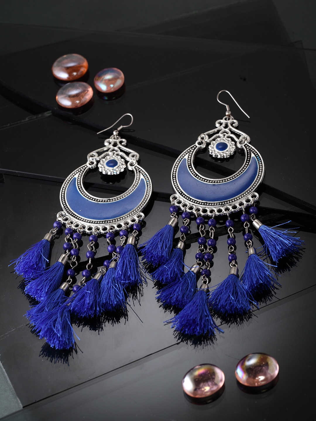 Moedbuille Blue & Silver-Plated Handcrafted Crescent Shaped Drop Earrings