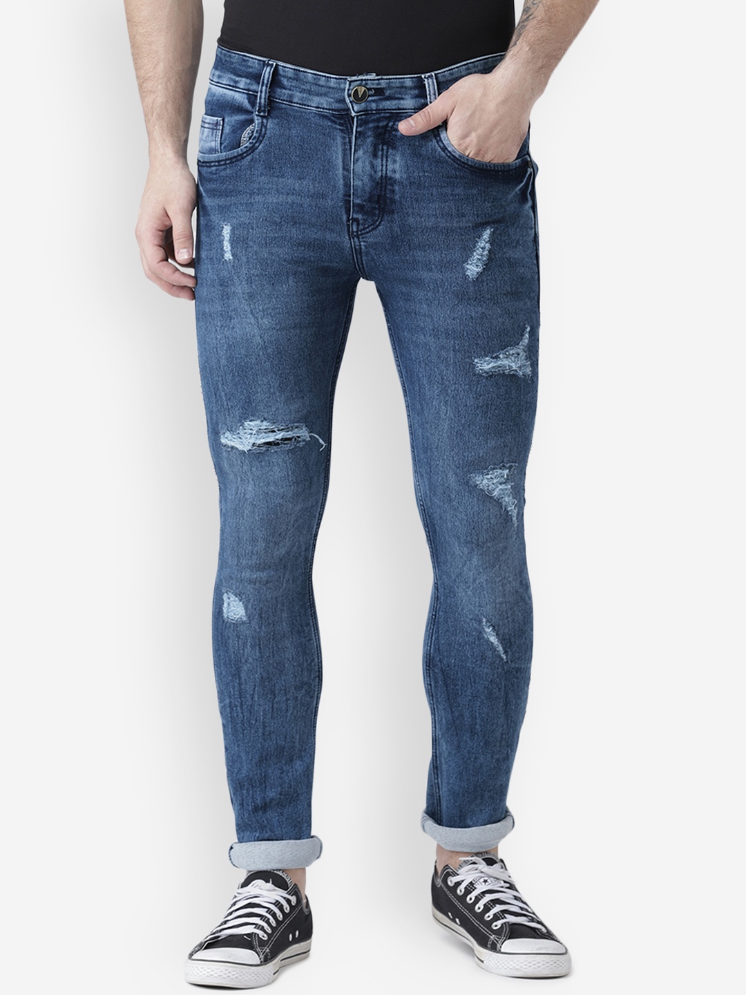 Routeen Men Blue Slim Fit Mid-Rise Mildly Distressed Stretchable Jeans