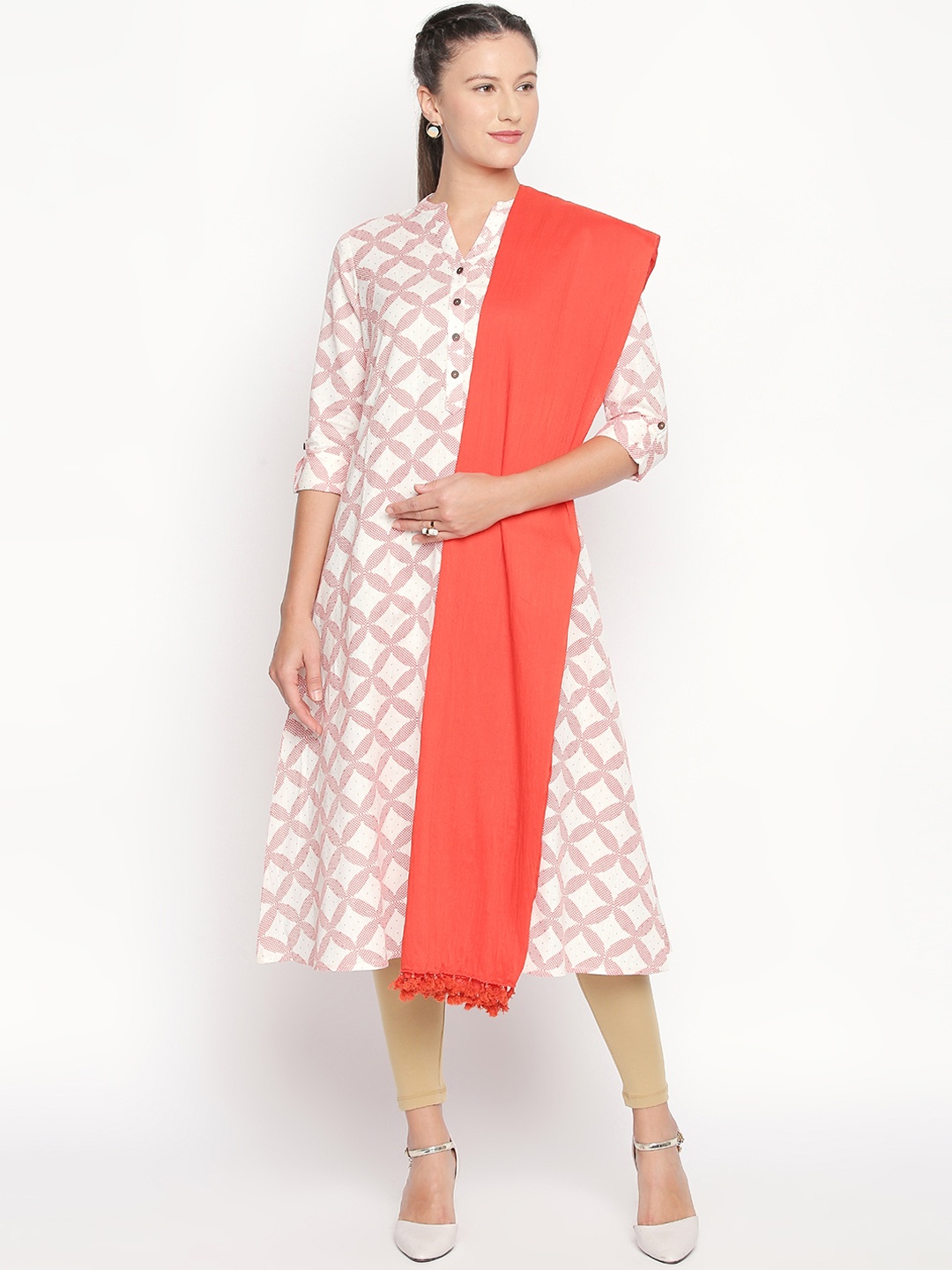 RANGMANCH BY PANTALOONS Coral Red Solid Pure Cotton Dupatta