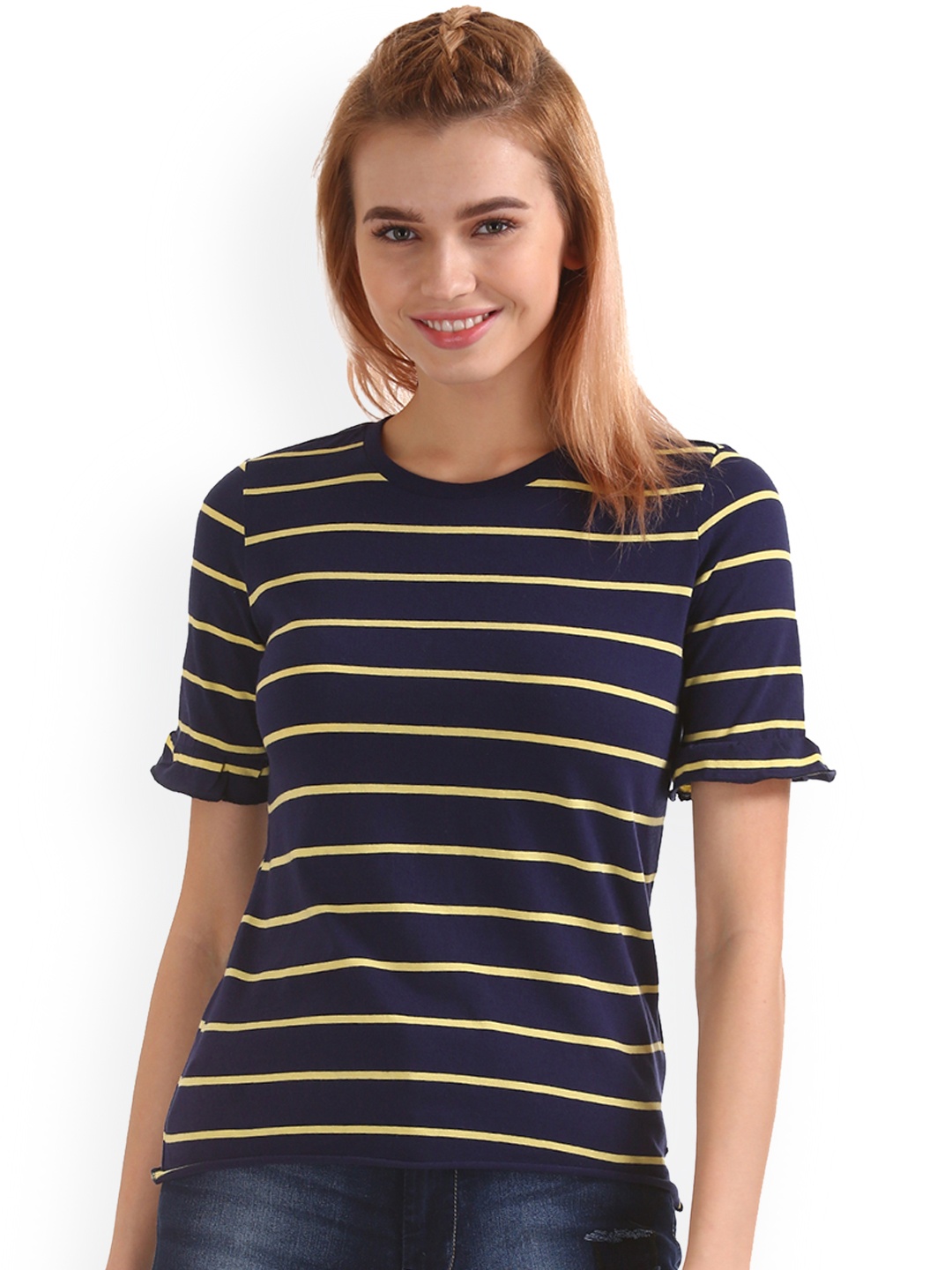 Flying Machine Women Blue & Yellow Striped Pure Cotton Top