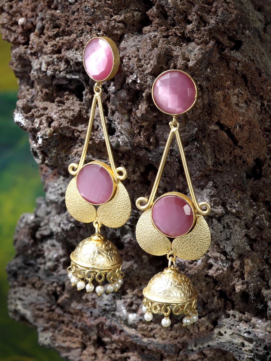 Moedbuille Pink & Gold-Plated Handcrafted Dome Shaped Jhumkas