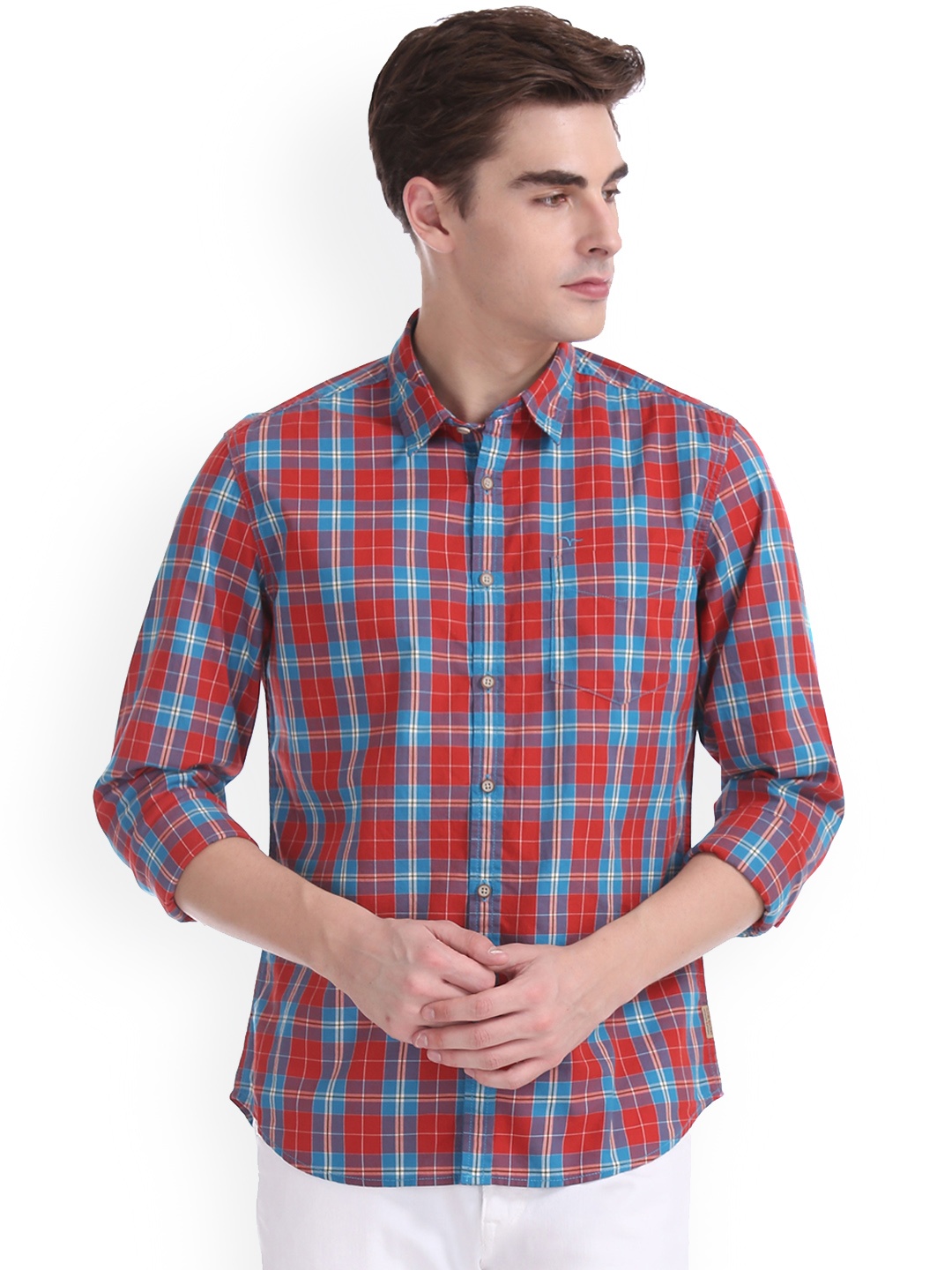 Flying Machine Men Red & Blue Regular Fit Checked Casual Shirt