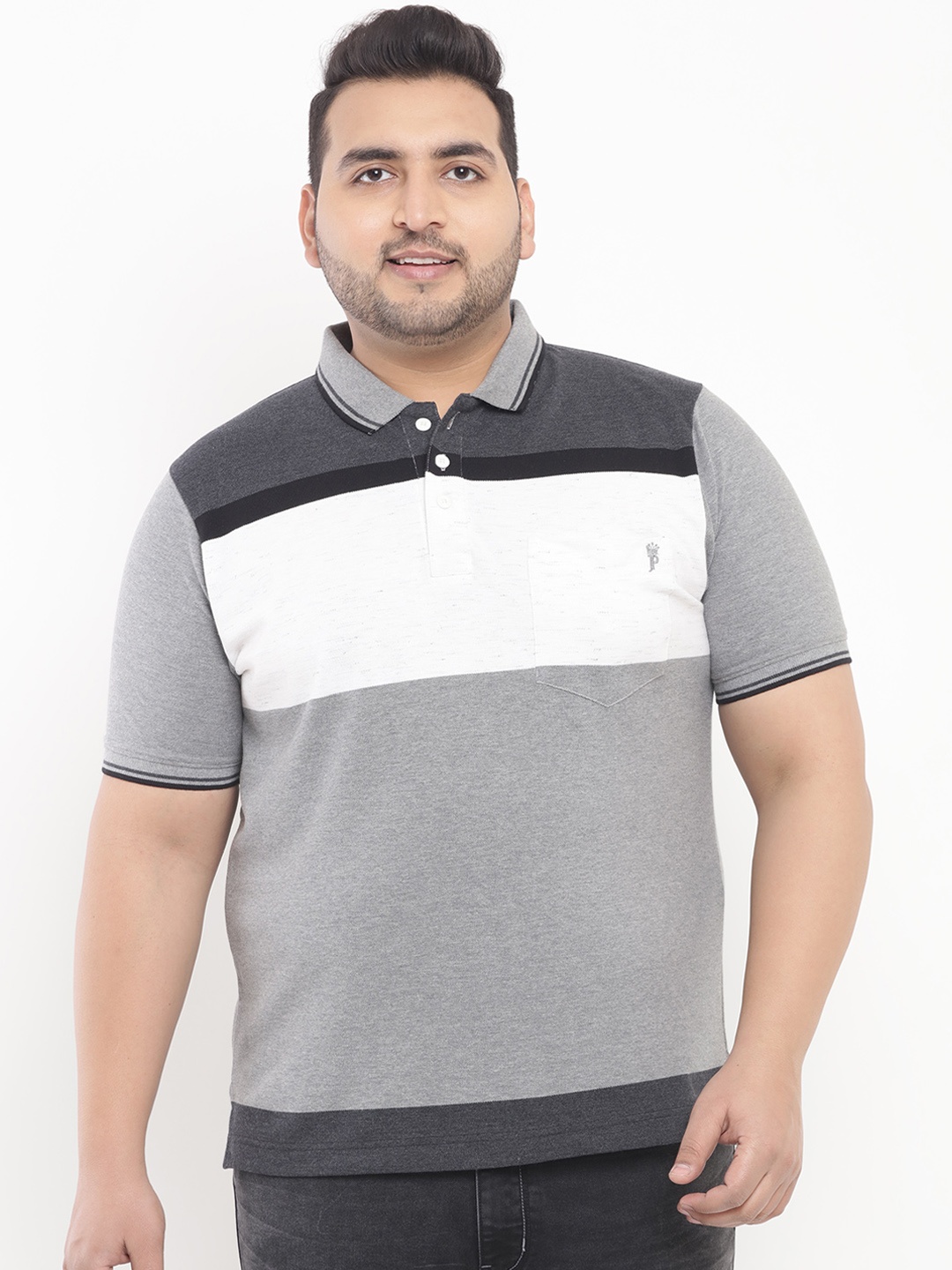 John Pride Plus Size Men Grey Colourblocked Polo Collar T-shirt