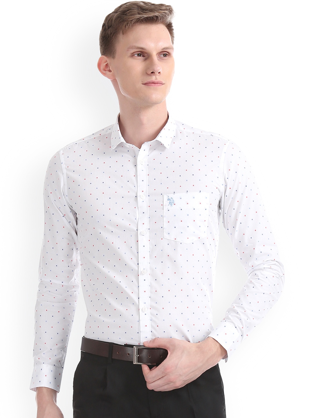 U.S. Polo Assn. Tailored Men White Slim Fit Printed Formal Shirt
