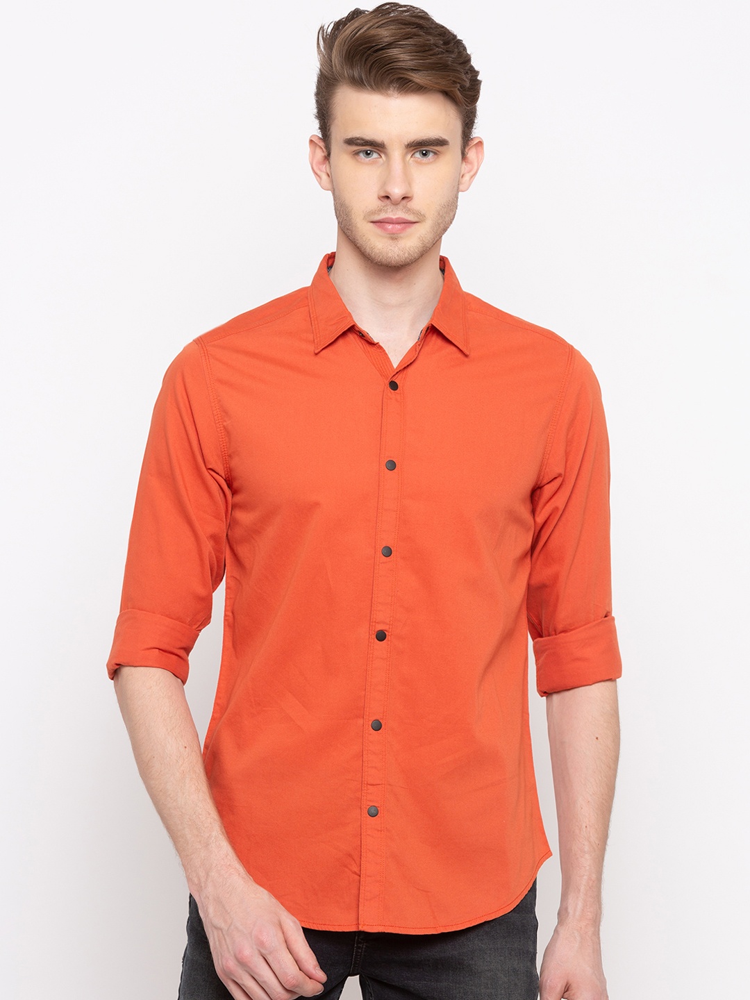 SPYKAR Men Rust Orange Slim Fit Solid Casual Shirt