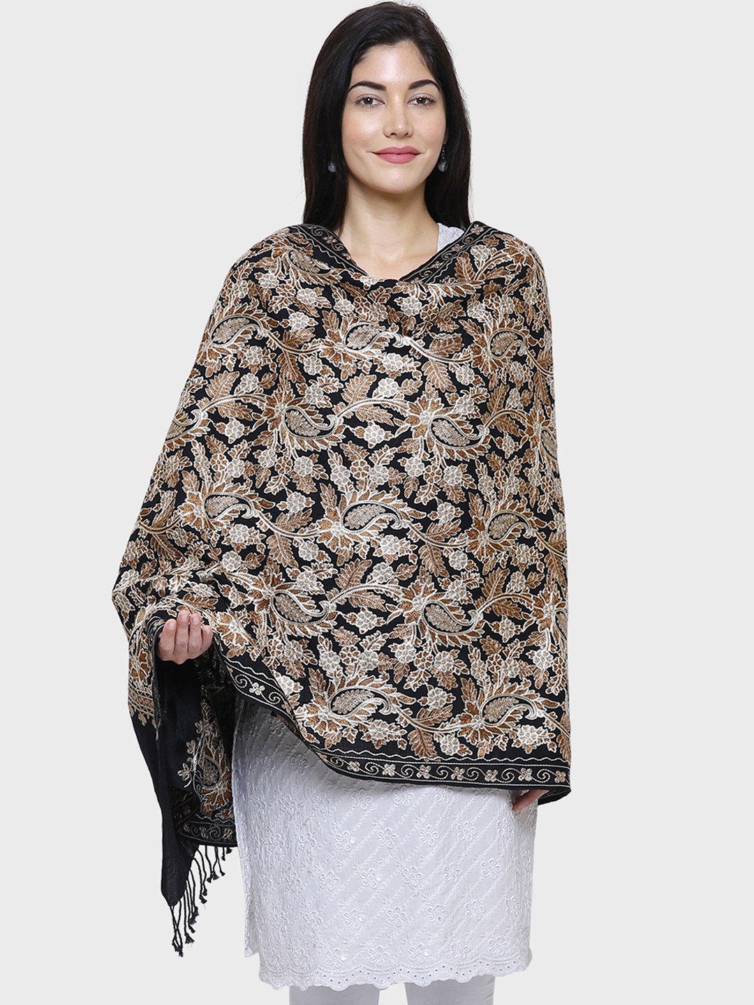 Anekaant Women Black & Gold-Coloured Floral Embroidered Woollen Shawl