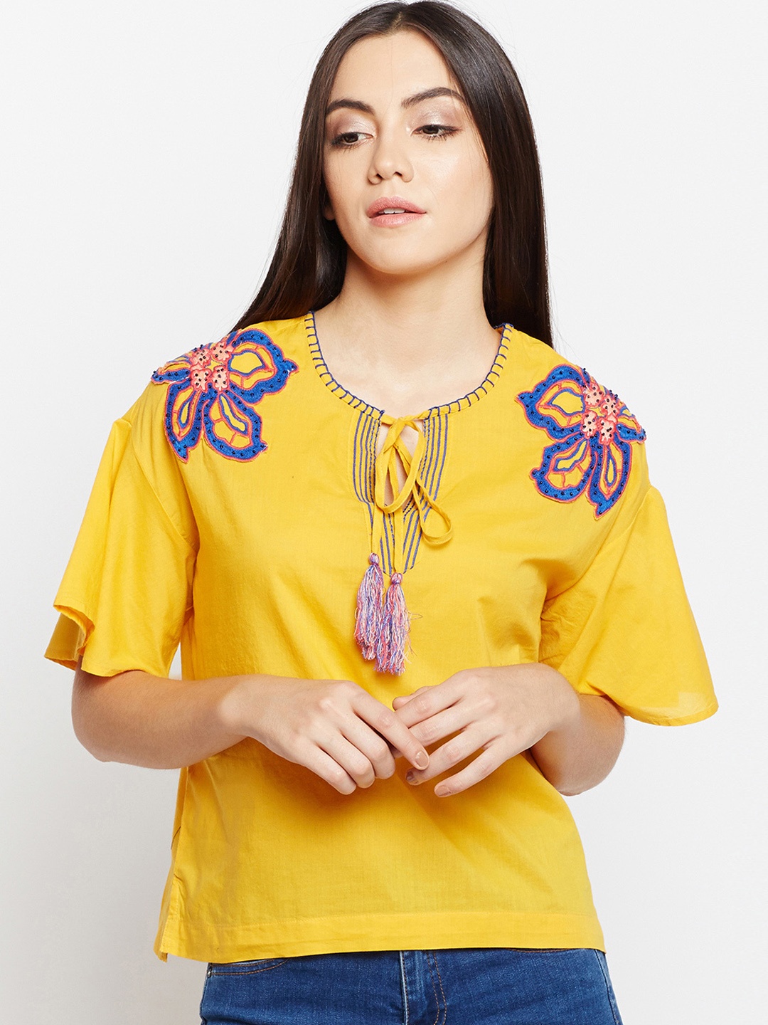 Oxolloxo Women Yellow Solid Extended Sleeves Pure Cotton Top