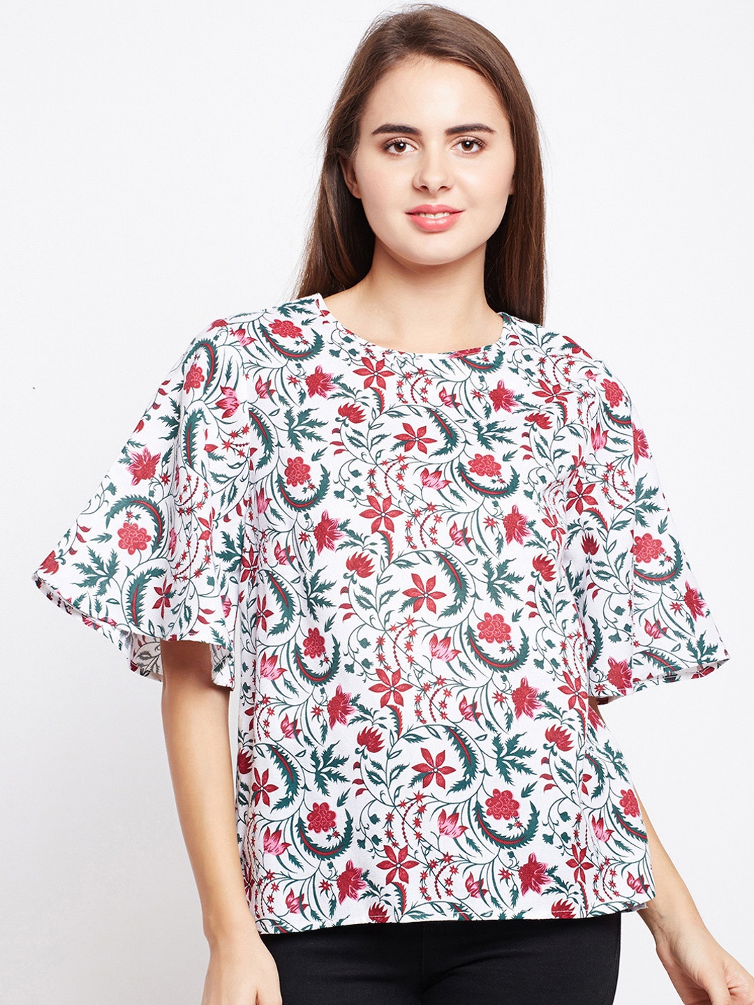 Oxolloxo Women White & Red Printed Flared Sleeves Top