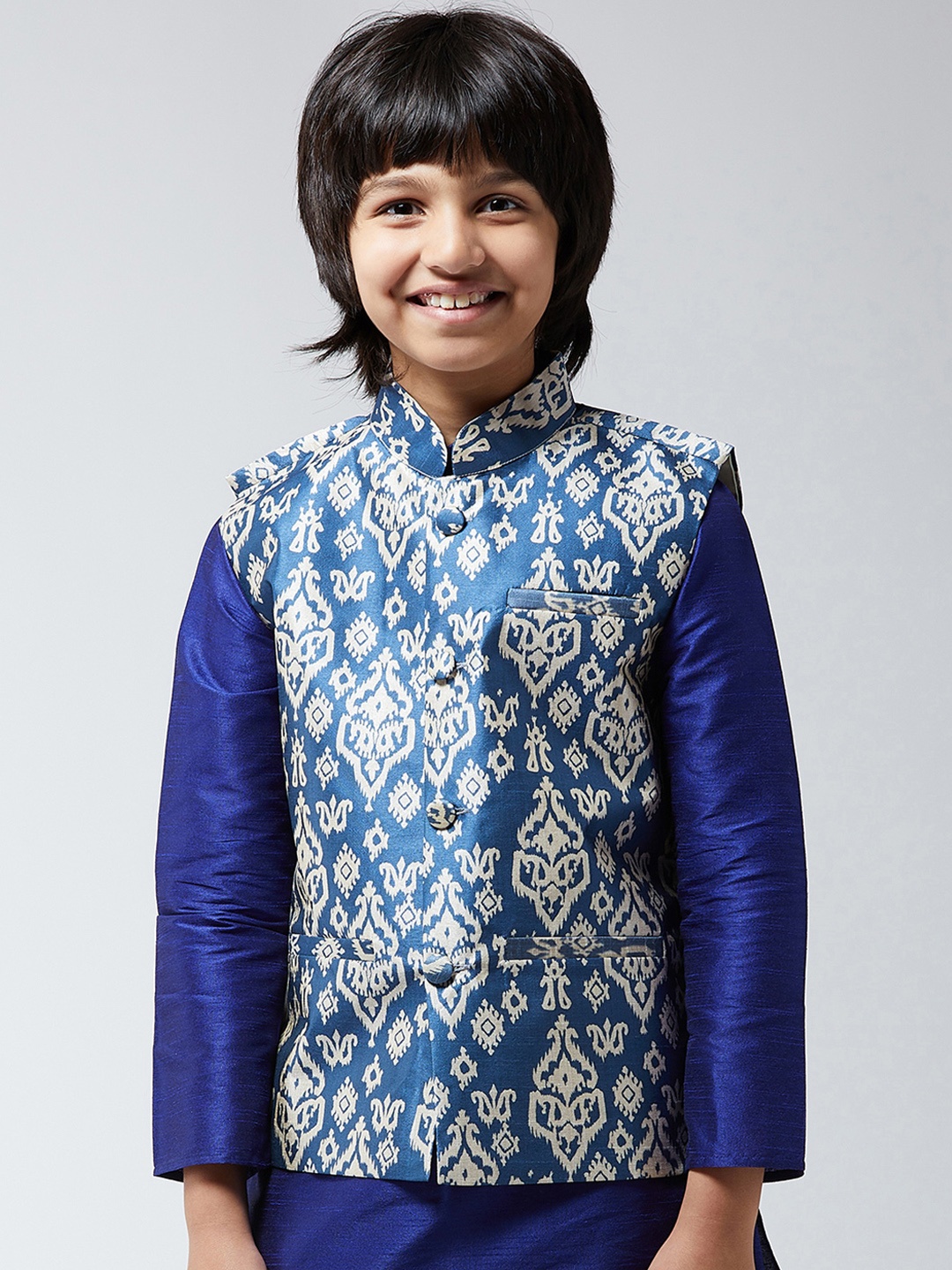 SOJANYA Boys Blue & White Printed Nehru Jacket