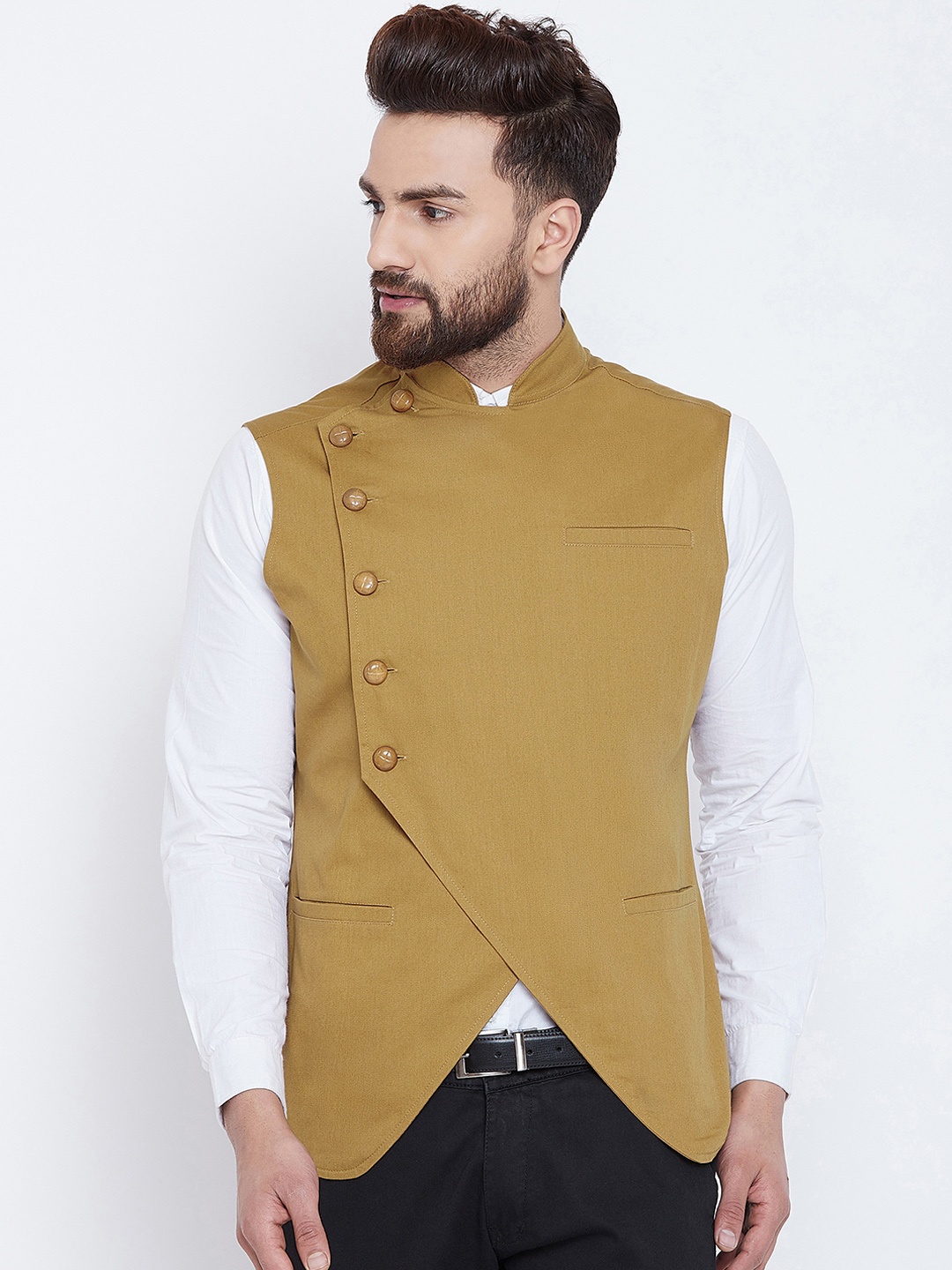 Hypernation Men Khaki-Coloured Solid Pure Cotton Waistcoat